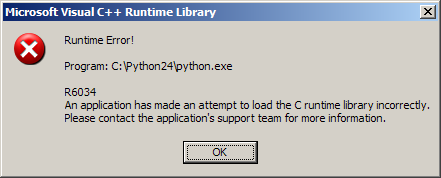 R6034 An application has made an attempt to load the C runtime library incorrectly. Please contact the application's support team for more information